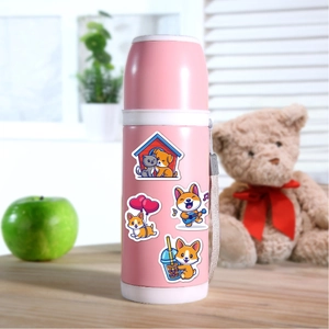 Pink insulated water bottle decorated with cute waterproof cartoon animal stickers
