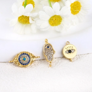18K gold plated evil eye and Hamsa hand pendants with blue zircon for DIY jewelry