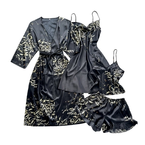 Ensemble pyjama 4 pièces en satin noir avec imprimé floral, robe, robe nuisette et short