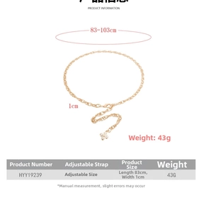 Detail of gold woven waist chain with clover flower pendant and sizing dimensions