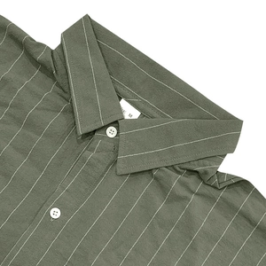 Close-up of green striped shirt collar showing cotton linen texture and buttons