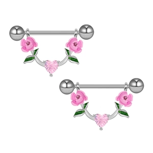 Pink heart zircon nipple rings with flower and leaf design in stainless steel