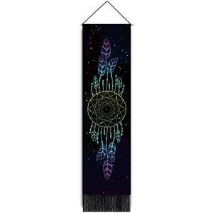 Nordic dream catcher feather tapestry with fringe tassels on white background