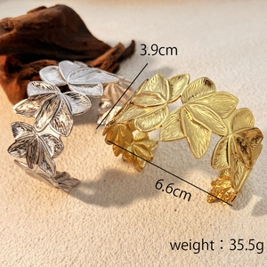 Minimalist 18K gold and silver plated leaf cuff bracelets with size measurements