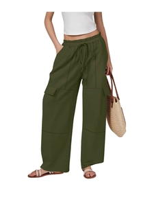 Army green wide-leg cotton linen cargo pants with drawstring waist and large utility pockets