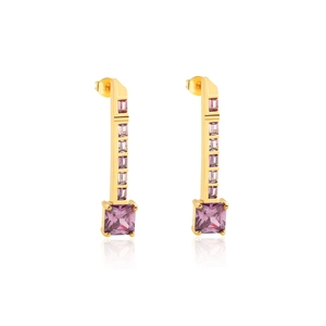 Elegant 18k gold plated key earrings with square purple zircons in a long drop style