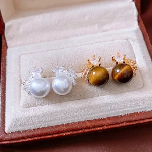 18K gold plated tiger eye and pearl stud earrings with sparkling star shaped zircon accents