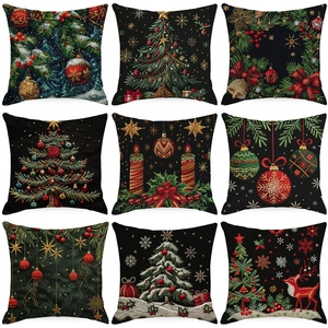 Christmas Pillowcase Linen Cushion Cover Embroidered Snowflake Reindeer Xmas Tree Holiday Decor For Sofa Couch