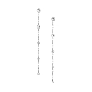 Detail view of long S925 sterling silver tassel earrings with round bezel-set zircons