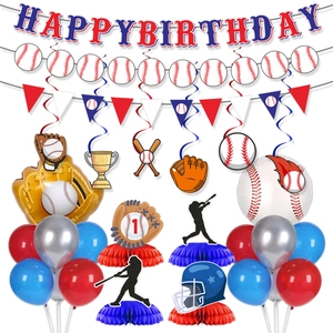 Baseball Theme Birthday Party Decoration Supplies Banner Balloons Cake Toppers Hanging Swirls Honeycomb Centerpieces Red White Blue