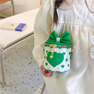 Cute green heart print cylinder crossbody bag for girls with bow and gold chain strap