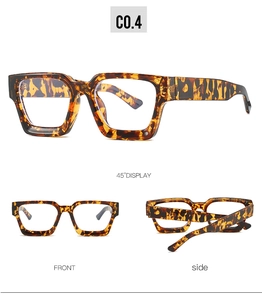 Detailed views of leopard print thick frame glasses showing front and side angles