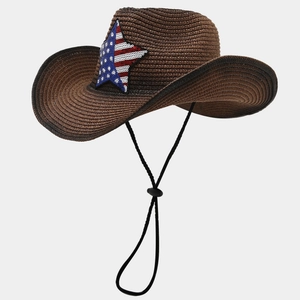 Sombrero de vaquero de paja marrón con parche estrella de EE. UU. y correa ajustable