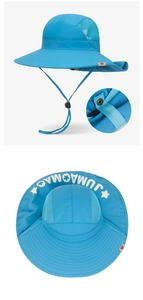 Detail of blue kids sun hat with breathable mesh, chin strap and logo on the wide brim