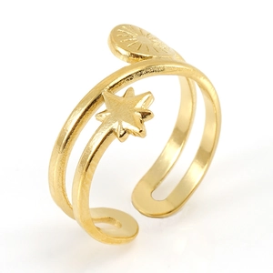 18k gold plated stainless steel double layer open ring with star and sunburst motifs