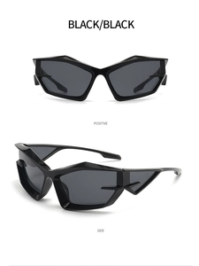Front and side details of futuristic Y2K rectangular sunglasses with black frame and lens