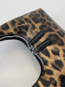 Retro patent leather leopard print handbag with silver dual zipper closure system