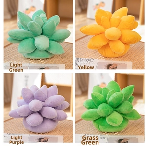 Collage of succulent-shaped plush cushions in green, yellow, and purple colors