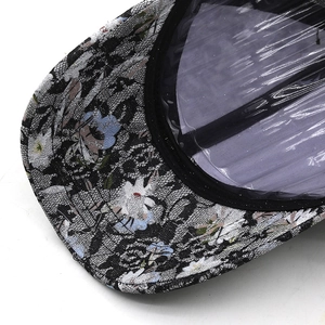 Detailed macro view of black floral lace fabric with blue patterns on a baseball cap