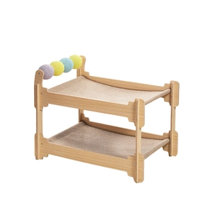 Two-tier wooden cat bed lounge chair with sisal toy balls and breathable mesh surface