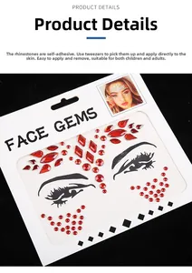 Detailed view of adhesive red face gems in various shapes for eye makeup decoration