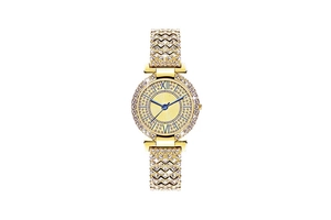 Close-up of luxury gold women's watch with crystals and blue Roman numeral hands