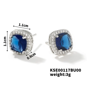 Detail showing dimensions of blue square zircon studs with silver setting and halo