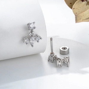 Exquisite silver geometric earring with micro-set zircons and threaded screw back design