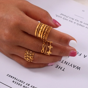 Minimalist gold geometric stacked rings set with textured multi-layer hollow designs