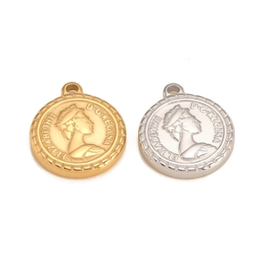 Vintage Elizabeth II stainless steel round coin pendants in gold and silver finishes