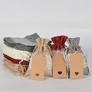 Jute Linen Drawstring Gift Bags With Clear Window Heart Kraft Paper Tags And Hemp Rope For Wedding Jewelry Packaging