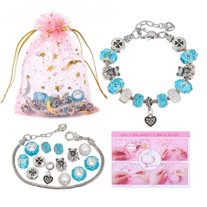 DIY colorful children bracelet kit with blue crystal beads, charms and 16cm silver chain