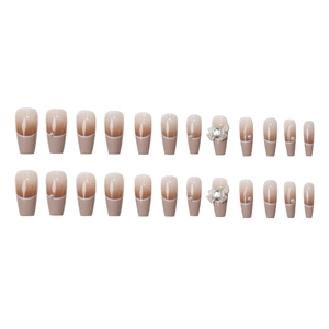 Baroque French press-on nails with 3D white bow, pearls and crystals in nude pink color