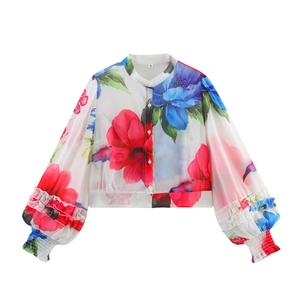 Floral Chiffon Blouse Women Long Lantern Sleeve Round Neck Wood Ear Trim Elegant Sweet Sheer Spring Top