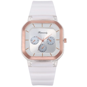 Women Quartz Watch Square Dial Silicone Strap Rose Gold Bezel Transparent Case Sporty Casual Wristwatch