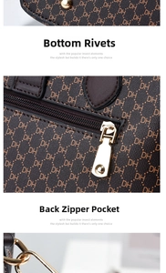Detail view of leather handbag with gold studs, rear zipper pocket and chain strap
