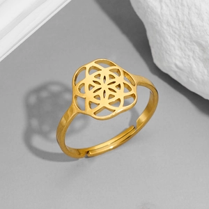 18K gold plated stainless steel open ring with hollow mandala flower pattern design