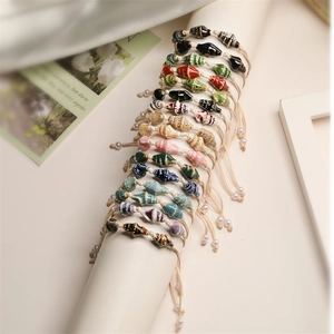 Colorful Ceramic Conch Beaded Bracelet Handmade Woven Rope Adjustable Bohemian Ocean Beach Jewelry For Women