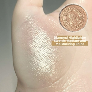 Macro shot of shimmering champagne gold highlighter powder with classical relief carving