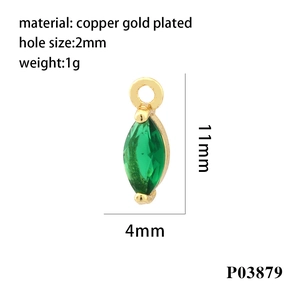 Detail of 11x4mm green marquise zircon pendant with 18K gold plating and sizing metrics