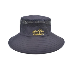 Detail of grey outdoor sun hat showing the 360-degree mesh vent and Travellero embroidery