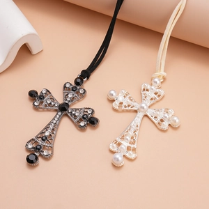 Gothic leather cord necklace with ornate cross pendant featuring faux pearls and crystals