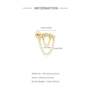 Detailed size specifications for a gold 925 silver ear stud with zirconia and double chains