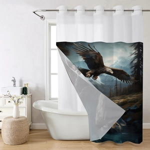 Detail of waterproof polyester shower curtain with soaring eagle and snowy mountain print