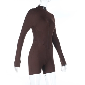 Close-up of brown long sleeve bodysuit with backless design on a transparent mannequin
