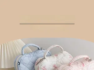Three quilted heart-shaped toiletry bags with floral and bow patterns and handles