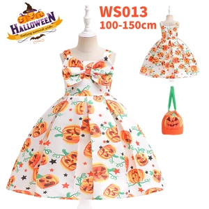 Front and back view of girls' Halloween pumpkin print dress with matching handbag accessory