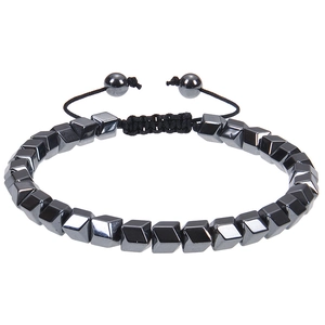 Detail of adjustable black woven bracelet featuring faceted magnetic hematite heart beads