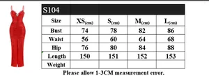 Detailed size guide table for red sequin party dress with bodycon fit measurements