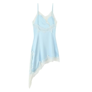 Detailed view of light blue satin dress featuring delicate white lace and asymmetric hem
